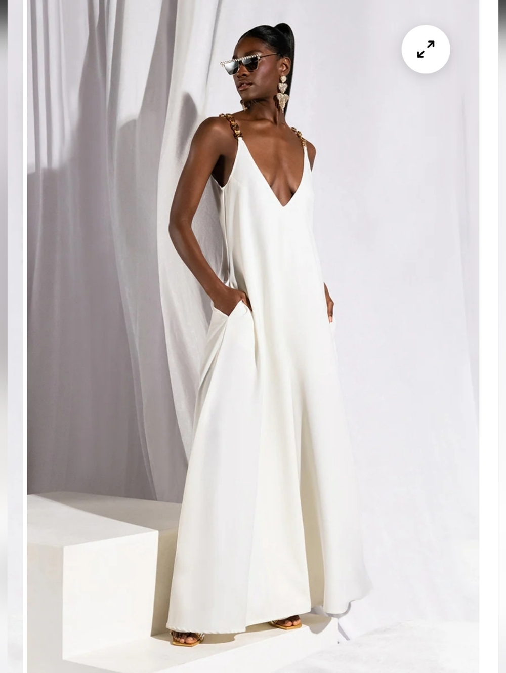 AKIRA White V-Neck Wide Leg Jumpsuit with Gold Chain Straps